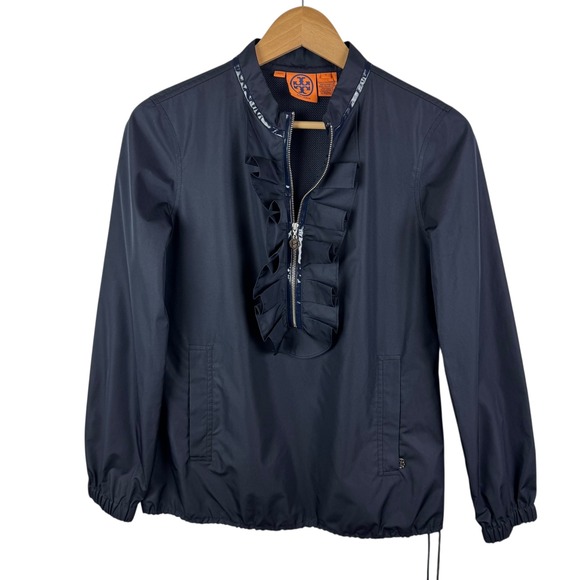 Tory Burch Ruffle Windbreaker Jacket Size 4 Navy Pullover Lightweight Logo Zip - Picture 1 of 13